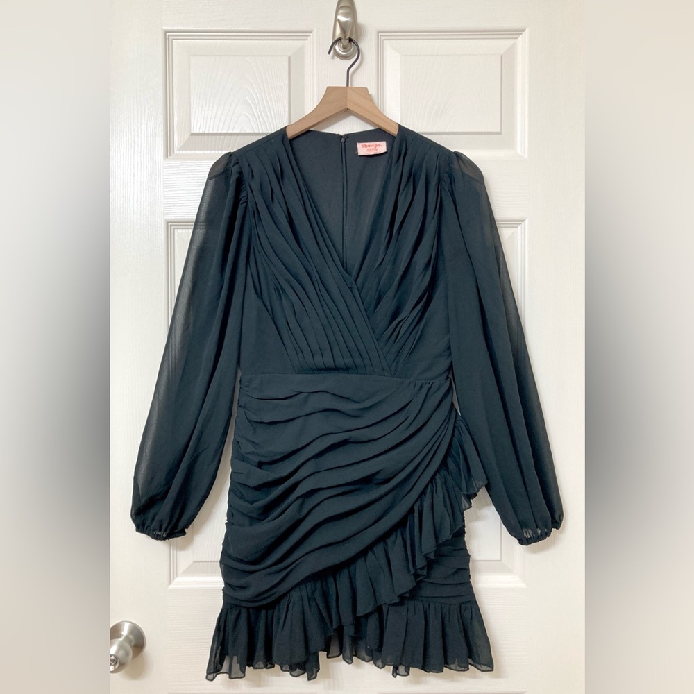 Showpo Long Sleeve V Neck Ruffle Black A-line Mini Dress 6 Whimsigoth Holiday